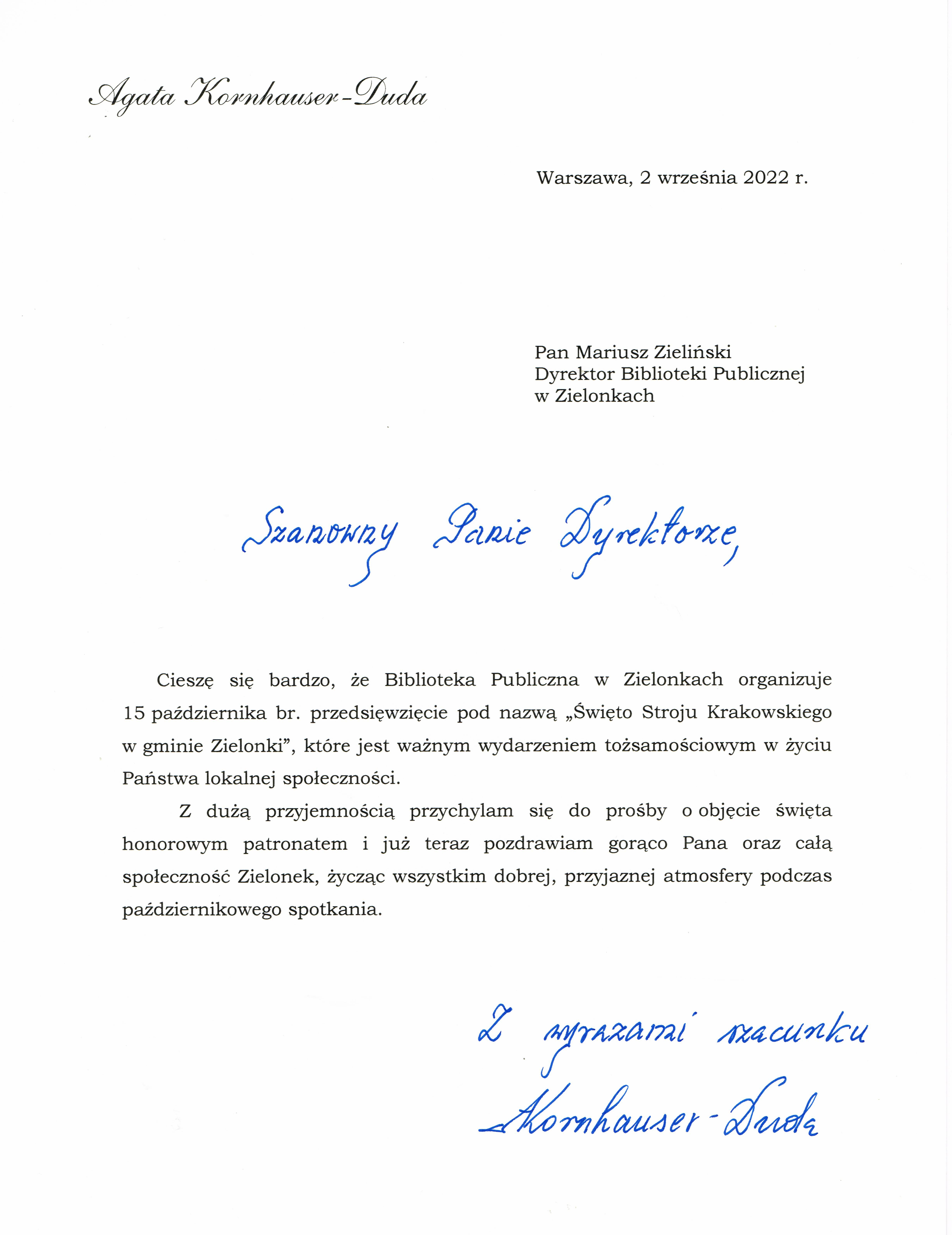 skan listu od Małżonki Prezydenta RP z objęciem patronatu nad Świętem Stroju Krakowskiego