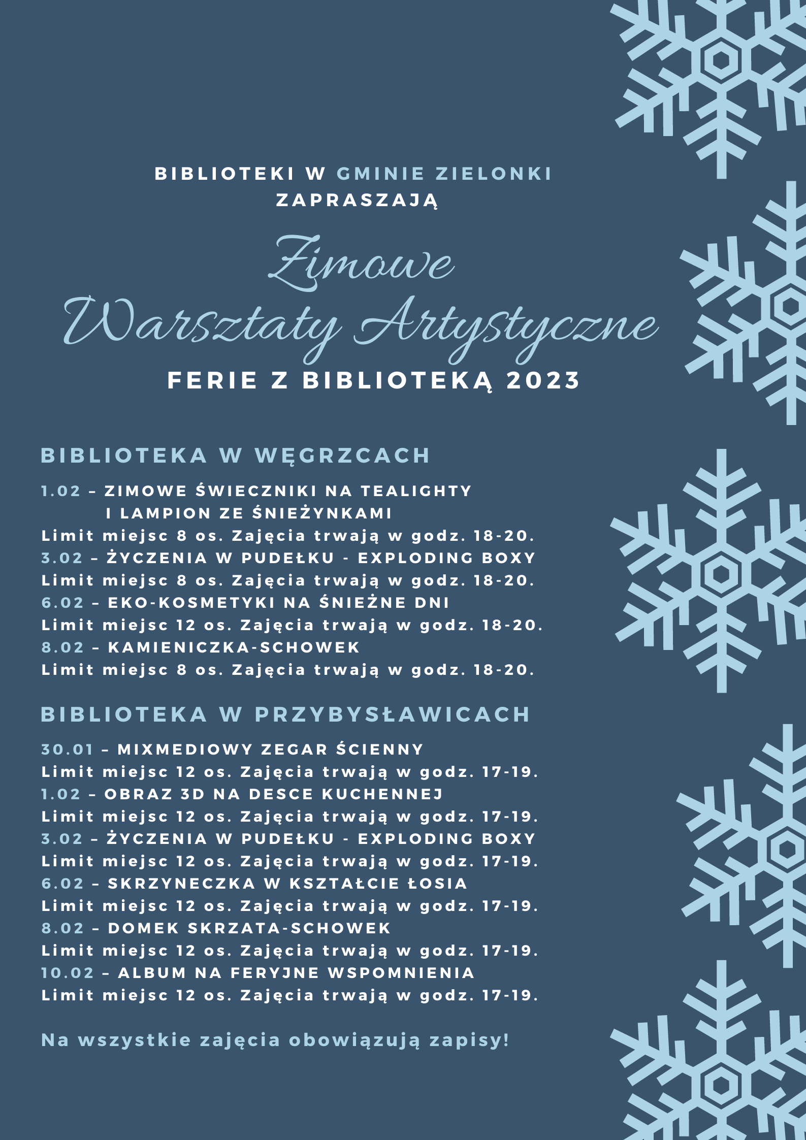 plakat informacyjny na temat warsztatów w kolorze niebieskim z płatkami śniegu