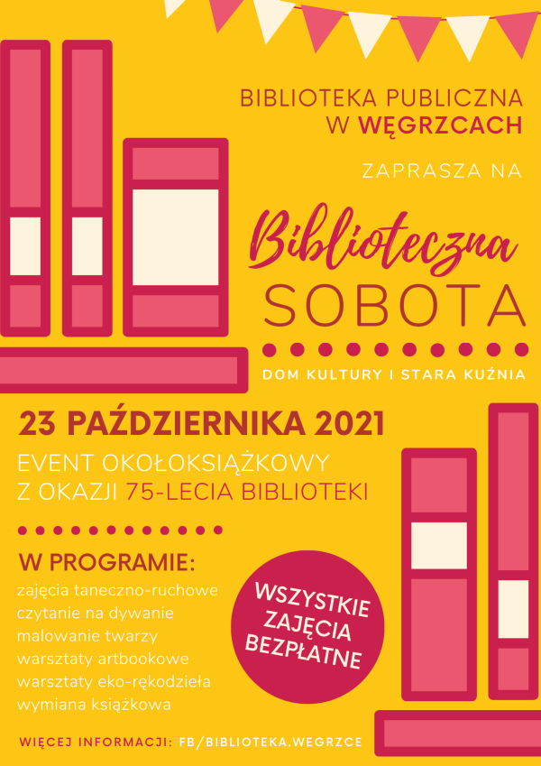 plakat informacyjny na ciemno żółtym tle dwa rzędy różowych książek oraz napis biblioteczna sobota