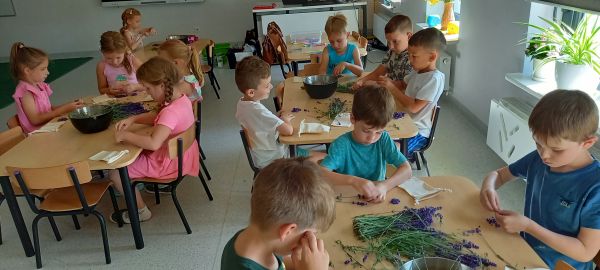na zdjęciu widoczne dzieci siedzące przy stolikach w sali szkolnej