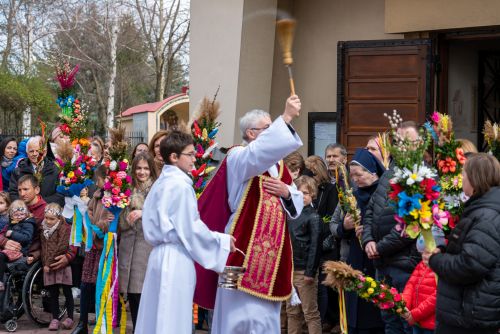 na zdjęciu widoczny ksiądz święcący palmy osób zebranych przed kościołem