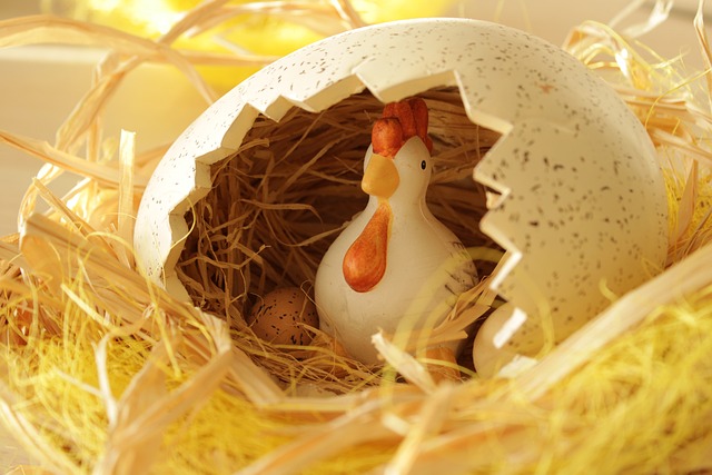 zdjęcie przesdtawia figurkę kury siedzącą w ceramicznym jajku na sianie